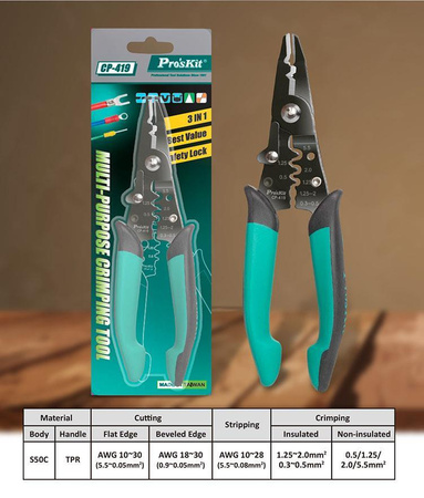 Szczypce wielofunkcyjne 4w1: (Zaciskarka, ściągacz izolacji, obcinaczki i szczypce) CP-419 Proskit