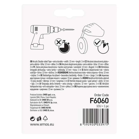 Taśma dwustronna montażowa, 12 mm, 3 m, akrylowa, EMOS F6060
