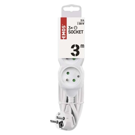 Przedłużacz 3 gniazda, przewód 3 m, 10 A, przekrój 1 mm², z uziemieniem, biały, Emos