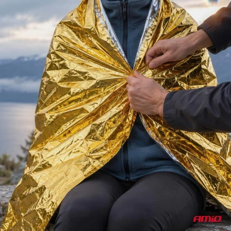 Koc ratunkowy termoizolacyjny 160 × 210 cm, złoto-srebrny, do apteczki samochodowej - AMiO 05057