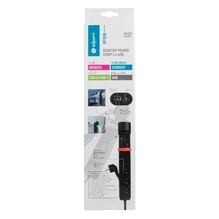 Listwa zasilająca 3 gniazda + 3× USB, przewód 1,5 m, 16 A, 3G1,5, podblatowa, z uziemieniem, czarna, DPM