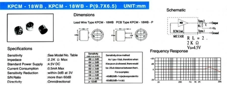 Mikrofon pojemnościowy elektretowy 9,7 × 6,5 mm, 4,5 V, z polami lutowniczymi, KPCM18WB