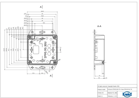 Obudowa hermetyczna ZP90.90.60UJH, 91,6 × 91,4 × 60 mm, ABS, jasnoszara, z uchem, Kradex