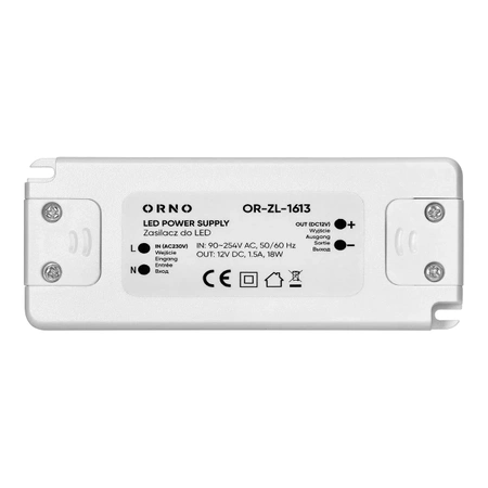Zasilacz do taśm LED 12 V DC, 18 W, 1,5 A, montaż natynkowy, ORNO 1613