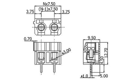 Złącze śrubowe 2 pola, raster 7.5, h=12.7mm DG365