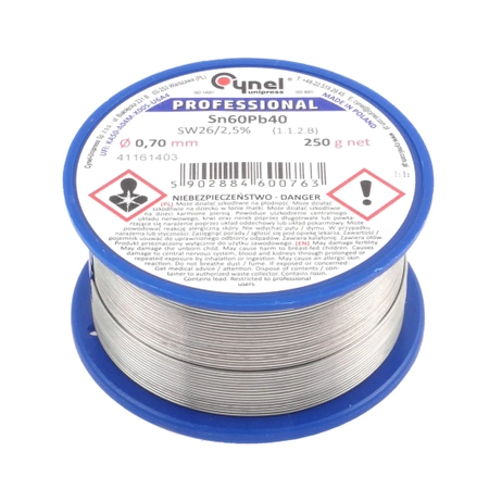 Cyna lutownicza z topnikiem SW26 - 0.7mm - spoiwo Sn60Pb40 Cynel 250g