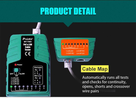 Tester LAN + PoE (RJ45, RJ11, RJ12), Proskit MT-7064