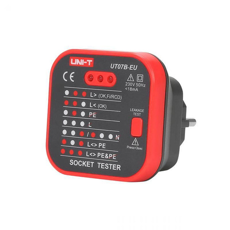 Tester gniazd 230 V Uni-T UT07B z testem RCD 30 mA, sygnalizacja LED, 8 stanów okablowania