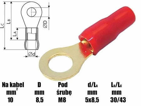 Końcówka oczkowa M8 izolowana, 8.4mm, złocona, na przewód 10mm, SGE