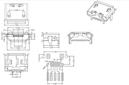 Gniazdo micro USB B 5 pin do druku SMD