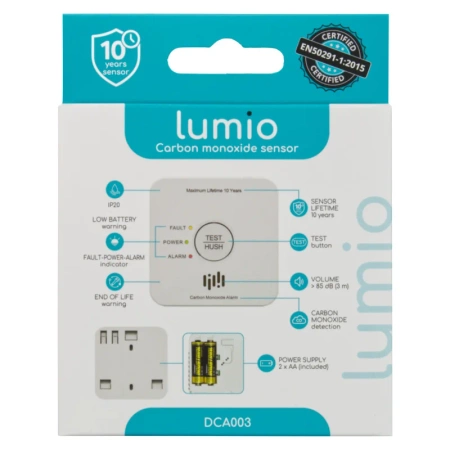 Czujnik czadu LUMIO DCA003 - zasilanie 2 baterie AA, 85dB, żywotność czujnika do 10 lat