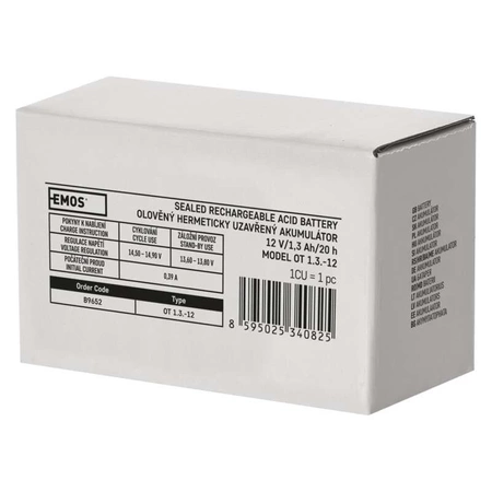 Akumulator AGM bezobsługowy, 12 V, 1,3 Ah, 97 × 45 × 53 mm, 0,6 kg, EMOS B9652