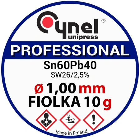Cyna lutownicza z topnikiem SW26 - 1mm - spoiwo Sn60Pb40 Cynel fiolka 10g