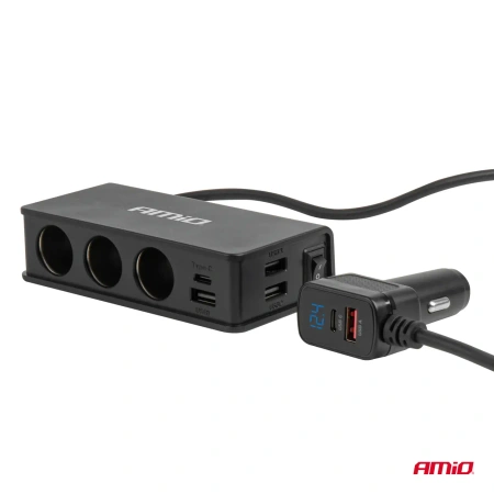 Rozgałęziacz gniazda zapalniczki 12/24V – 3x gniazdo + 3x USB-A + USB-C PD, 148W, ON/OFF AMIO-04836