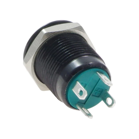 Przycisk wandaloodporny czarny "POWER" chwilowy 2A 250V klawisz płaski, podśw zielone 12V