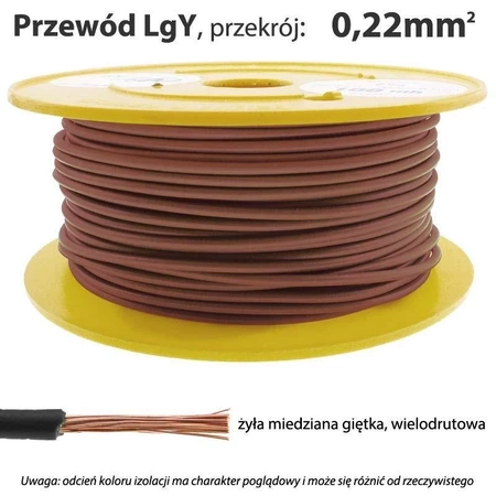 Przewód instalacyjny miedziany jednożyłowy LgY 0,22 mm2, linka giętka, brązowy