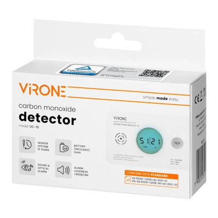 Bateryjny czujnik tlenku węgla/czadu 2xAA żywotność 10 lat, VIRONE DC-10