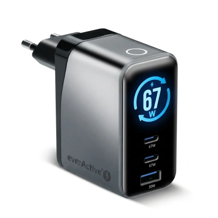 Ładowarka sieciowa GaN LCD 67W 2x USB-C PD + USB-A - everActive SC-670Q PRO
