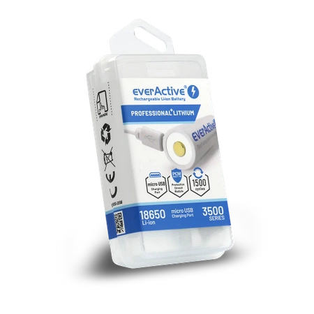 Akumulator Li-Ion 18650 3.7V 3500mAh z zabezpieczeniem i portem ładowania micro USB, everActive, BOX