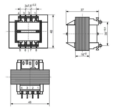 Transformator sieciowy TS 8/28, 8VA, 8,1V + 8,1V, 0,35A, rdzeń EI 48/16, Indel
