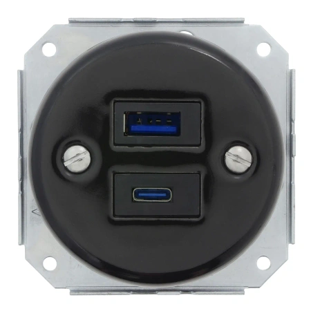 Gniazdo USB A+C 4A + Gniazdo elektryczne okrągłe czarne z ramką podwójną ciemne drewno, montaż podtynkowy, Ceramic Loft