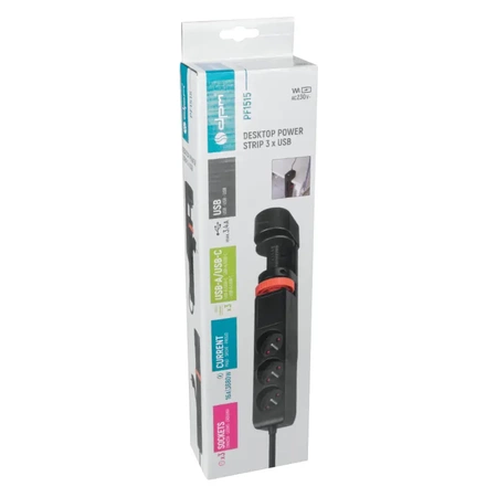 Listwa zasilająca 3 gniazda + 3× USB, przewód 1,5 m, 16 A, 3G1,5, podblatowa, z uziemieniem, czarna, DPM