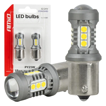 Żarówki LED BAU15S PY21W, światło białe, do lamp z pomarańczowym kloszem, 12/24 V, 15 diod SMD, 2 szt. - AMiO 05001