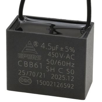 Kondensator rozruchowy do silnika 4,5µF 450VAC, CBB61, przewody 20 cm, 38 × 20 × 31 mm, EPERS