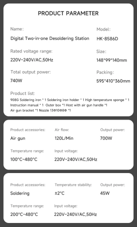 Stacja lutownicza HK8586D, 2w1: hot-air i kolba lutownicza, Mechanic