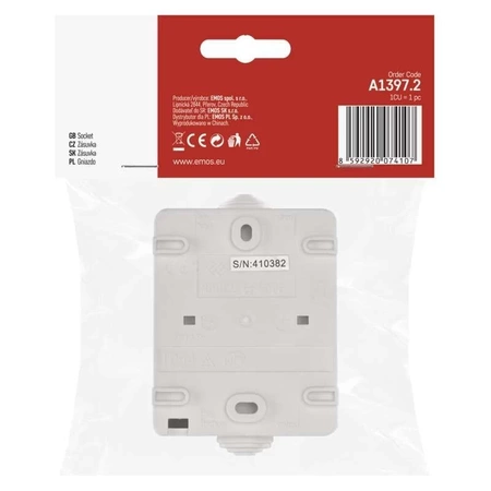 Gniazdo elektryczne bryzgoszczelne IP54 z klapką, montaż natynkowy, kolor biały EMOS A1397.2
