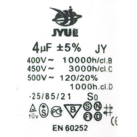 Kondensator rozruchowy do silnika, CBB60 4uF 450Vac 30x60mm, konektor