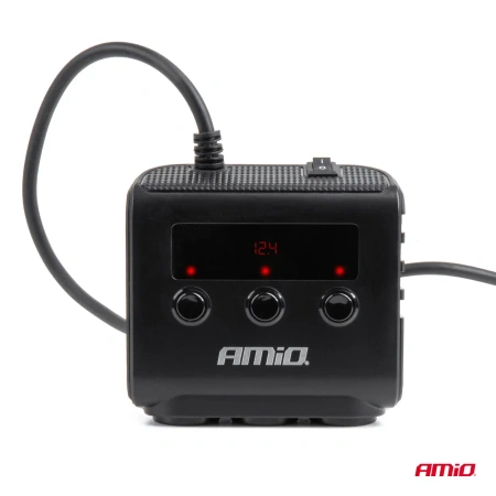Rozgałęziacz zapalniczki samochodowej 12/24V – 3 gniazda + 4x USB-A, 180W, wyświetlacz LED, ON/OFF, AMiO 04835