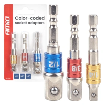 Zestaw 3 adapterów do nasadek 1/4", 3/8", 1/2" z kolorowym oznaczeniem rozmiaru, trzpień 1/4" HEX - AMiO 04936