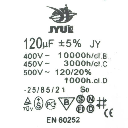 Kondensator rozruchowy do silnika, CBB60 120uF 450VAC 65x133mm, konektor