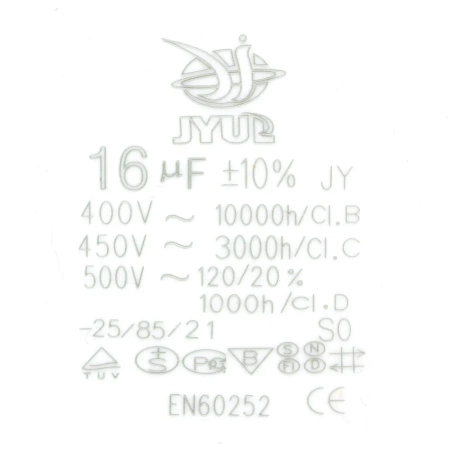 Kondensator rozruchowy do silnika, CBB60 16uF 450Vac 40x73mm przewód