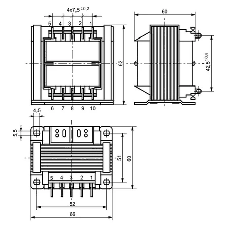 Transformator sieciowy TS 40/022, 40VA, 2 × 9V 2 × 2,2A, wyprowadzenia oczkowe, 62 × 66 × 60mm, Indel