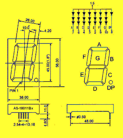 Wyświetlacz LED 7 segmentowy 1.80'' 45mm, 1 znak, zielony, WA