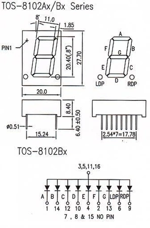 Wyświetlacz LED 7 segmentowy 0.80'' 20.3mm, 1 znak, zielony, WA