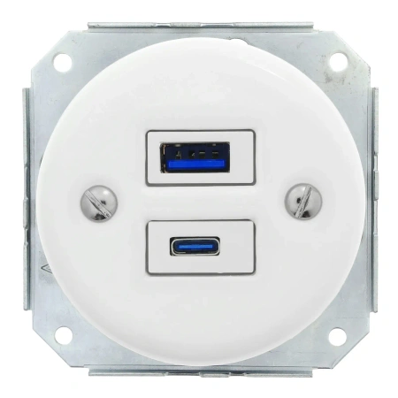 2x Gniazdko Schuko okrągłe + Gniazdko USB A+C 4A białe z ramką potrójną jasne drewno, montaż podtynkowy, Ceramic Loft