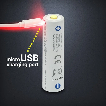 Akumulator Li-Ion 18650 3.7V 3500mAh z zabezpieczeniem i portem ładowania micro USB, everActive, BOX