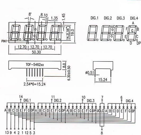 Wyświetlacz LED 7 segmentowy 0.56'' 14.2mm, 4 znaki, żółty, WA