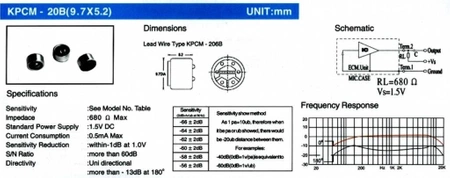 Mikrofon pojemnościowy elektretowy 9,7 × 5,2 mm, 1,5 V, z polami lutowniczymi, KPCM20B