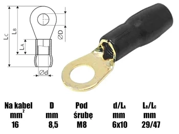 Końcówka oczkowa izolowana M8 16mm² - złocona czarna - końcówka kablowa SGE