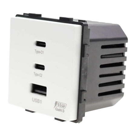 Ładowarka USB A + 2xC 65W GaN biała podtynkowa z ramką szklaną - TAWOIA Glass