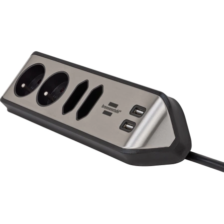 Listwa zasilająca 4 gniazda + 2× USB, 16 A, 3G1,5, narożna, z uziemieniem, srebrno-czarna, Brennenstuhl Estilo
