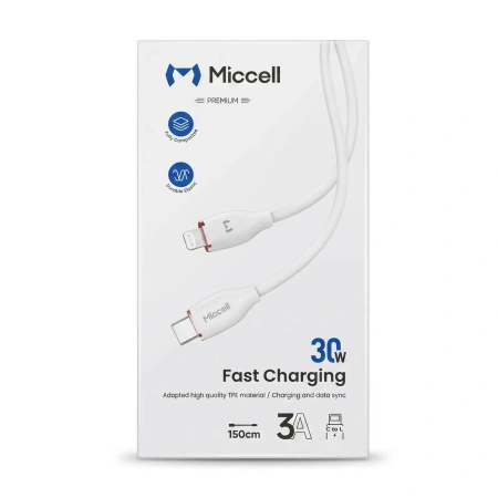 Kabel USB-C - Lightning, 30 W, 1,5 m, biały, Miccell, MIC-003745