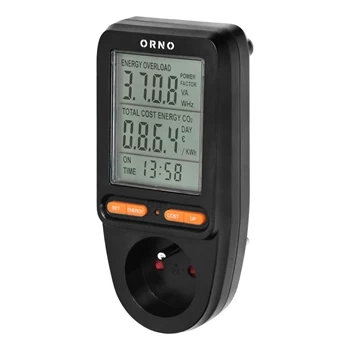 Watomierz, Licznik energii do gniazdka, 16A, [LCD: napięcie, prąd, moc, koszt zużycia] ORNO WAT435 czarny