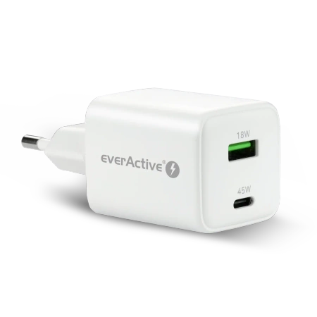 Ładowarka sieciowa everActive GaN SC-450Q z gniazdem USB oraz USB-C PD PPS QC4+ 45W