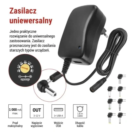 Zasilacz impulsowy uniwersalny 3-12 V, 1000 mA, z gniazdem USB 5 V / 2 A, wymienne wtyki, EMOS N3111N