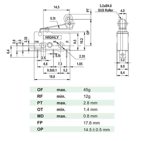 Przełącznik krańcowy ON-(ON) dźwignia z rolką 15mm, SS0505A